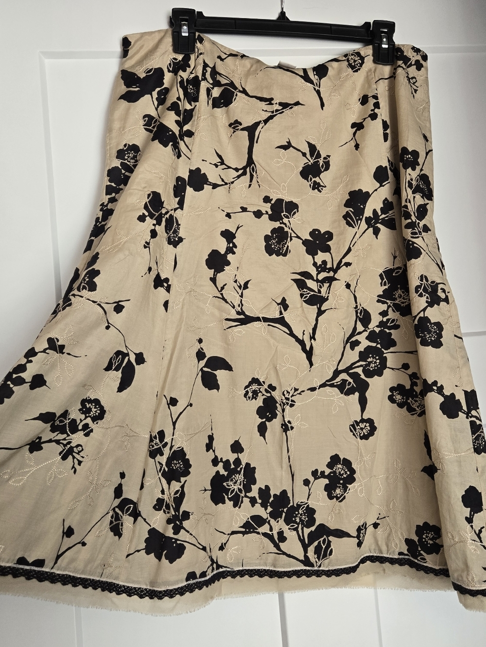 WHBM Beige Floral A-Line Skirt with Black Print